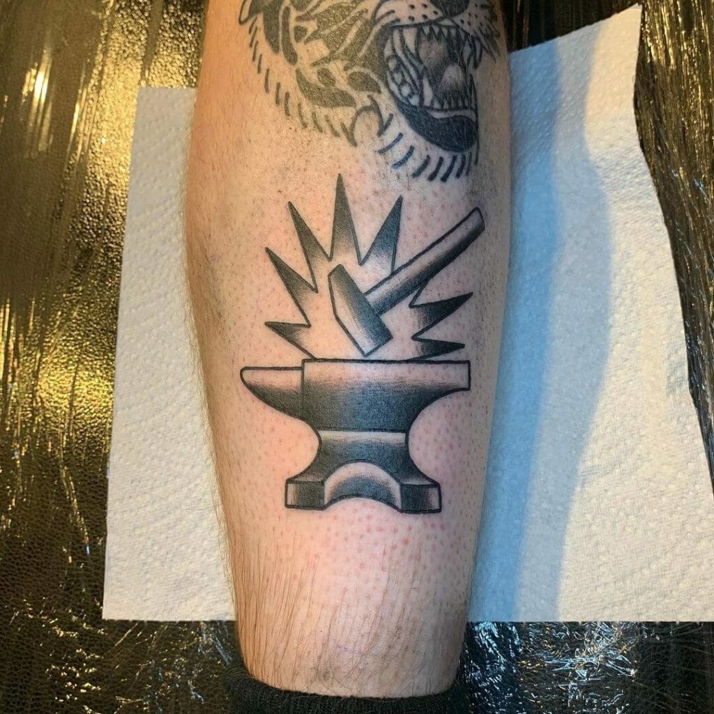Gorgeous Anvil And Hammer Tattoo For Metalworkers