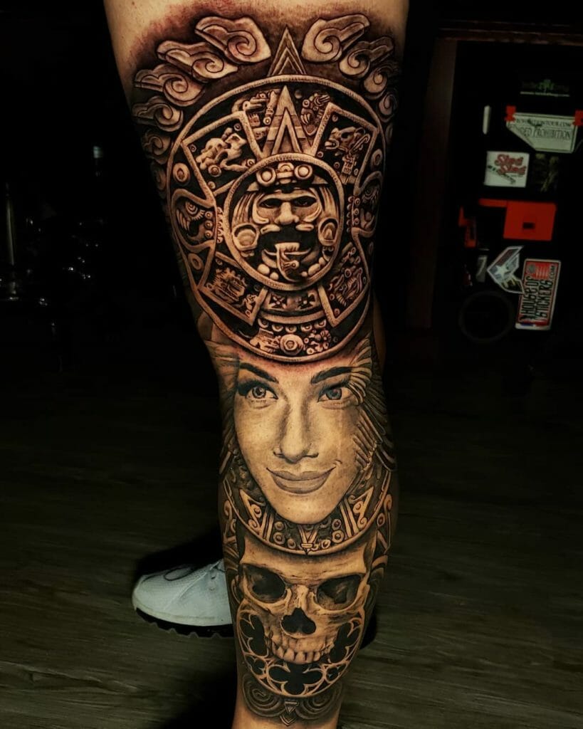 Great Aztec Tattoos Which Can Be Placed On The Leg