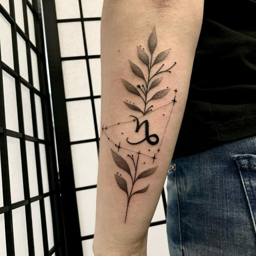 Leaf Branch and Capricorn Constellation Tattoo On Shoulder
