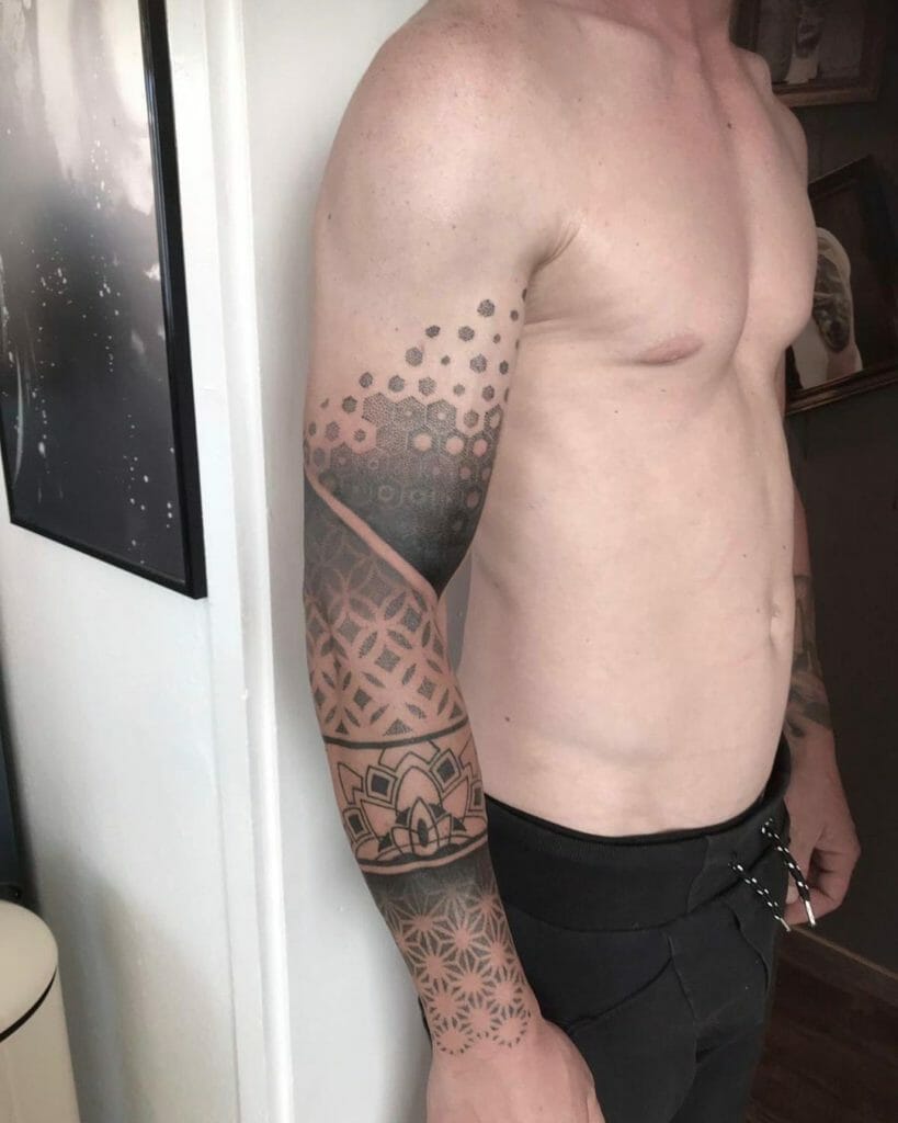 Linework And Dot-work Black Sleeve Tattoo