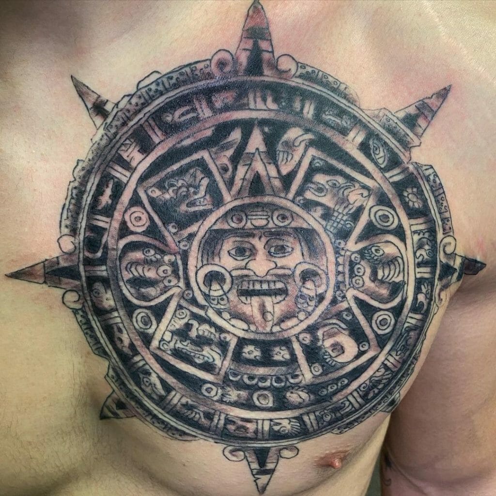 Massive Aztec Sun Tattoo To Cover The Chest