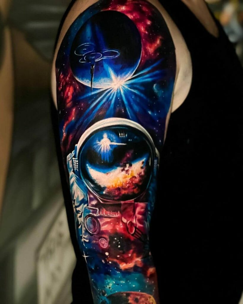 Idée photo-réaliste de manchon de tatouage d'astronaute 
