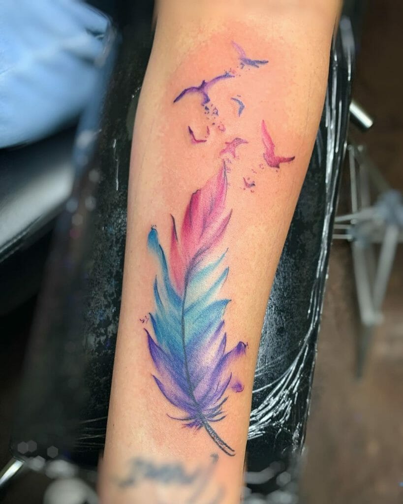 Pink And Purple Bird Tattoo