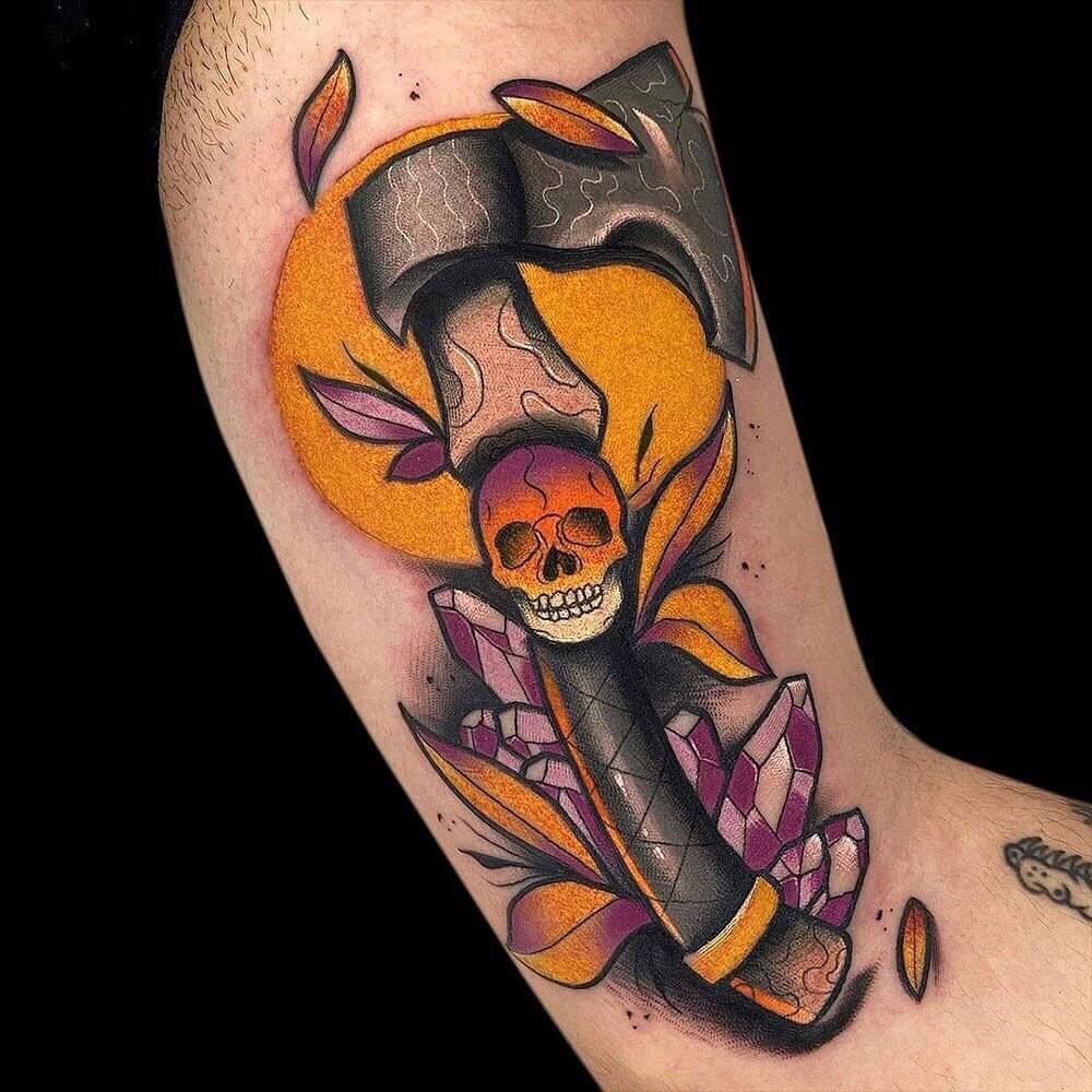 Quirky Axe Tattoo With Skull