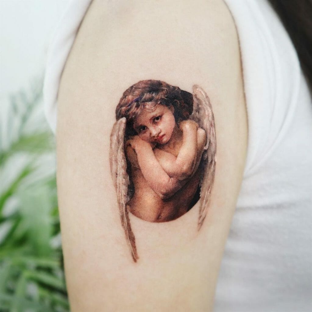 Realistic Baby Angel With Wings Tattoo