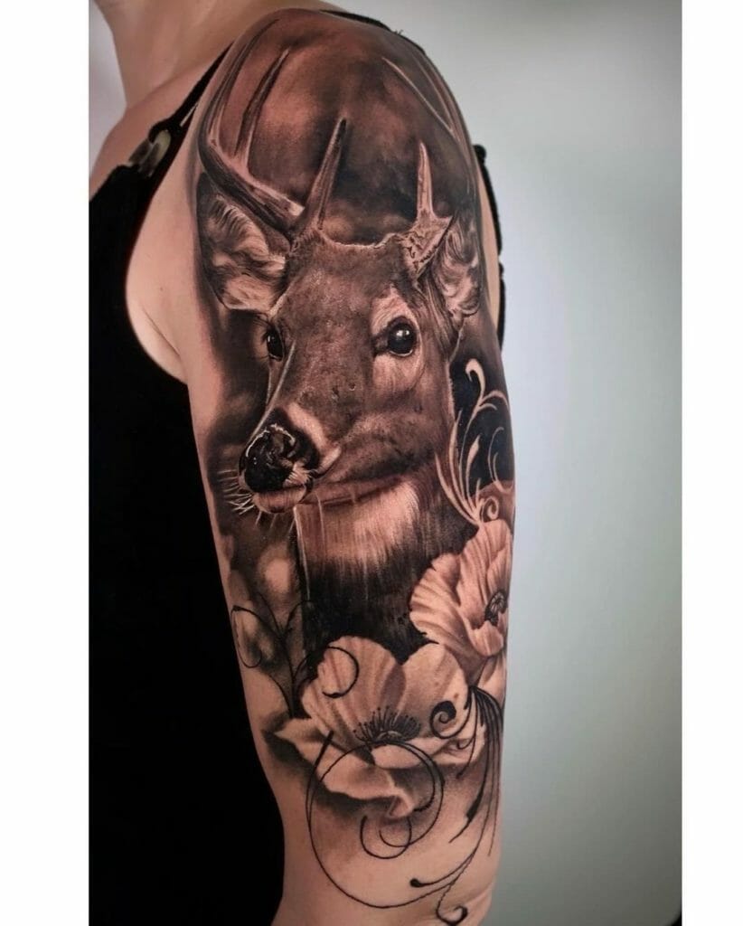 Realistic Black And Grey Deer Sleeve Tattoo