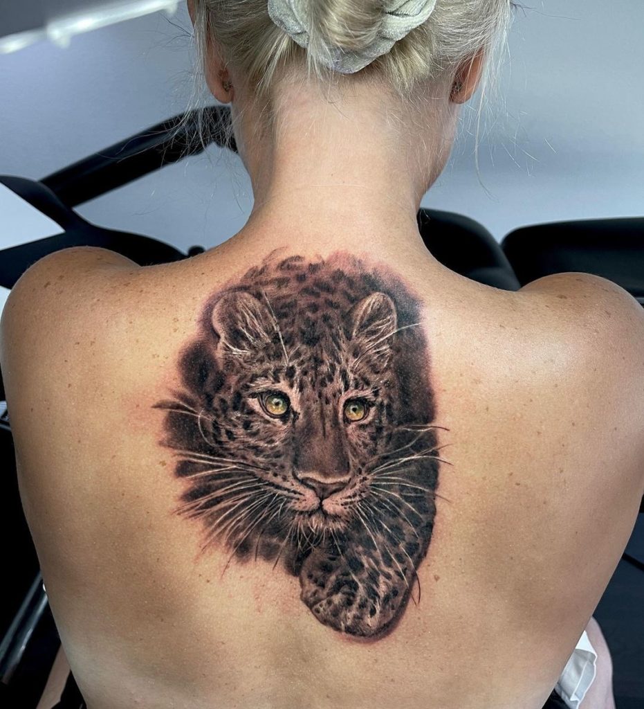 Realistic Cheetah Back Tattoo