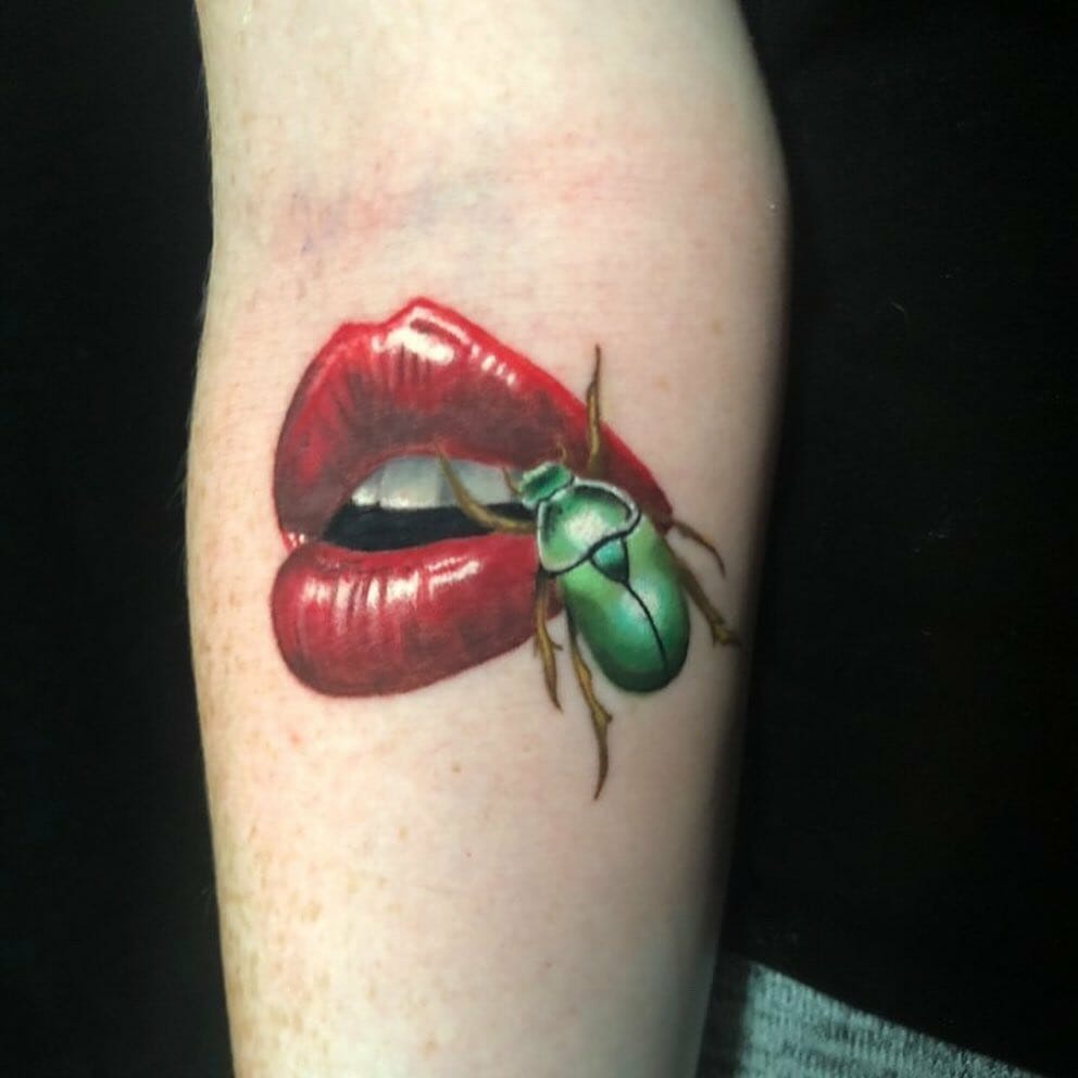 Sensuous Lip And Beetle Tattoo