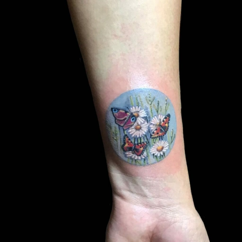 Small Butterflies On White Flowers Circular Tattoo
