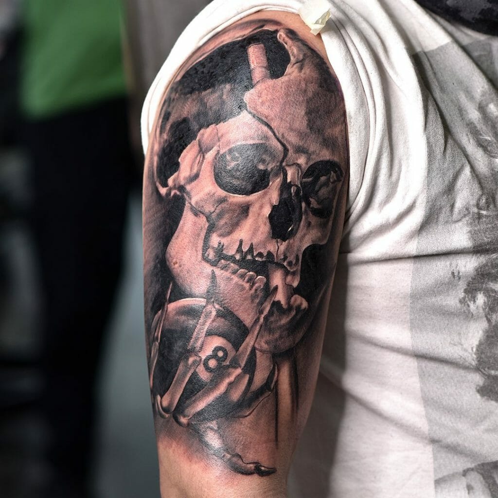 Spectacular 8 Ball Tattoo With A Skull
