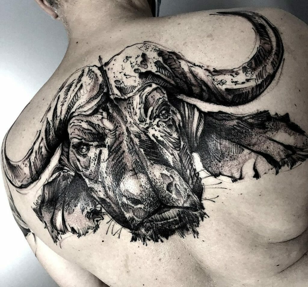 The Buffalo Sketch Tattoo On Back