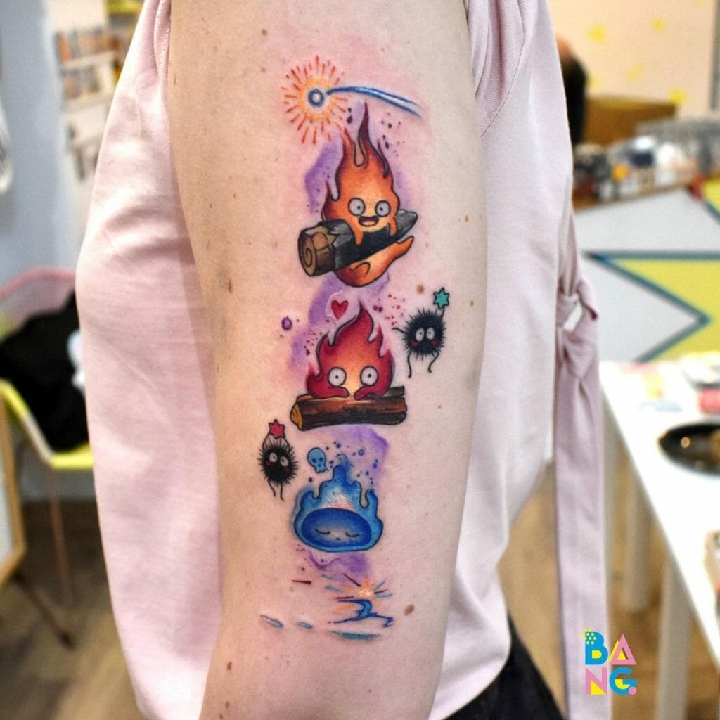 Three Calcifer Tattoos Combined In A Single Frame
