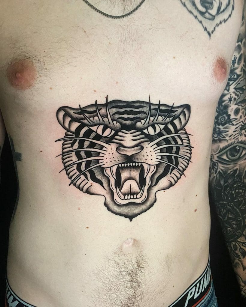 Tiger Head Stomach Tattoo