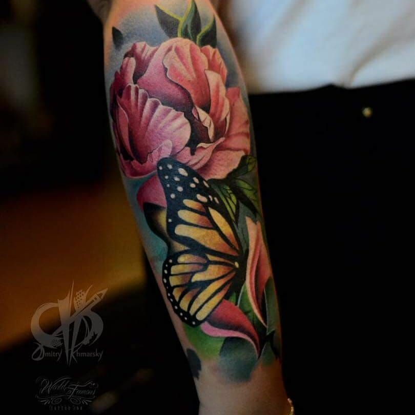 Traditional Butterfly And Flower Half-Sleeve Tattoo
