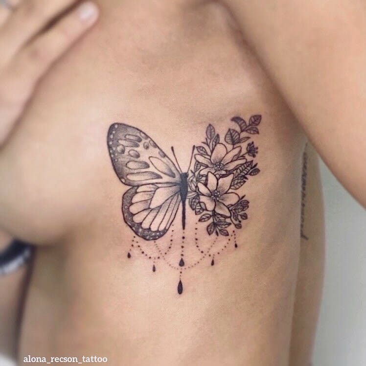 Traditional Butterfly Floral Wings Tattoo