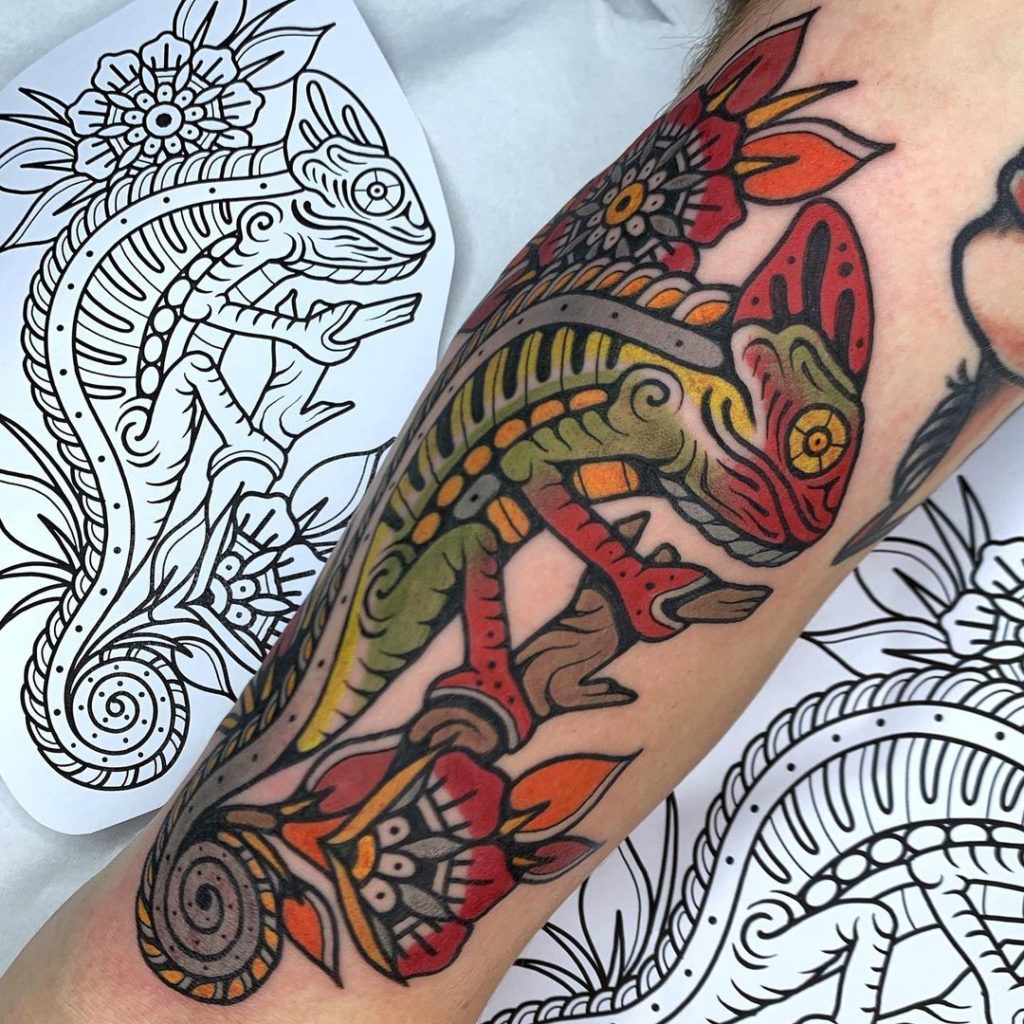 Traditional Chameleon Tattoo