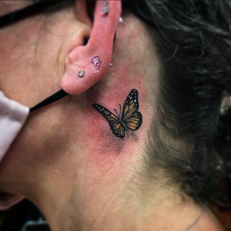Traditional Monarch Butterfly Tattoo On Neck