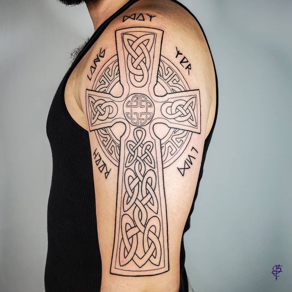 Tribal Outline Celtic Cross Sleeve Tattoo