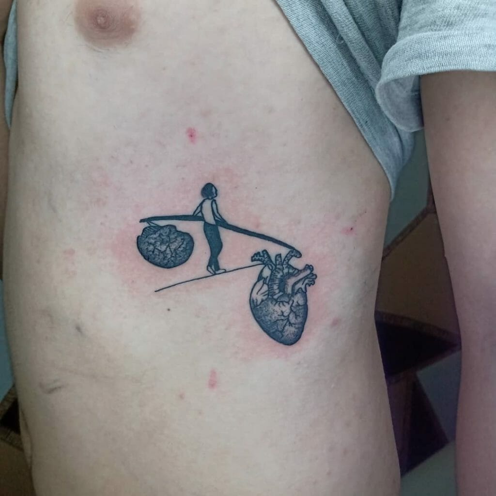 Unconventional Balance Tattoo Designs With Heart And Brain Symbols