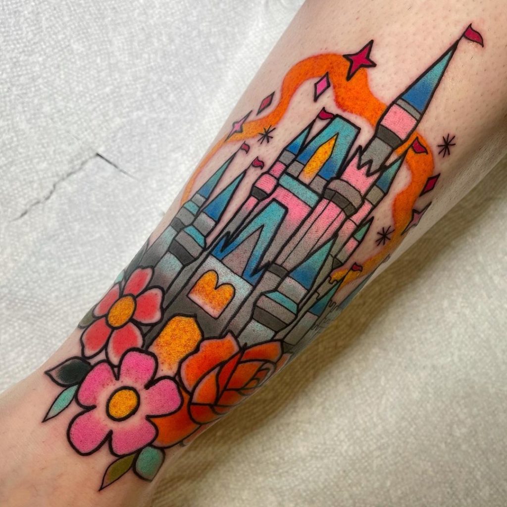 Vivid And Colorful Castle Tattoos