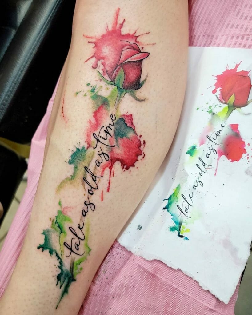 Watercolour Beauty And The Beast Rose Tattoo