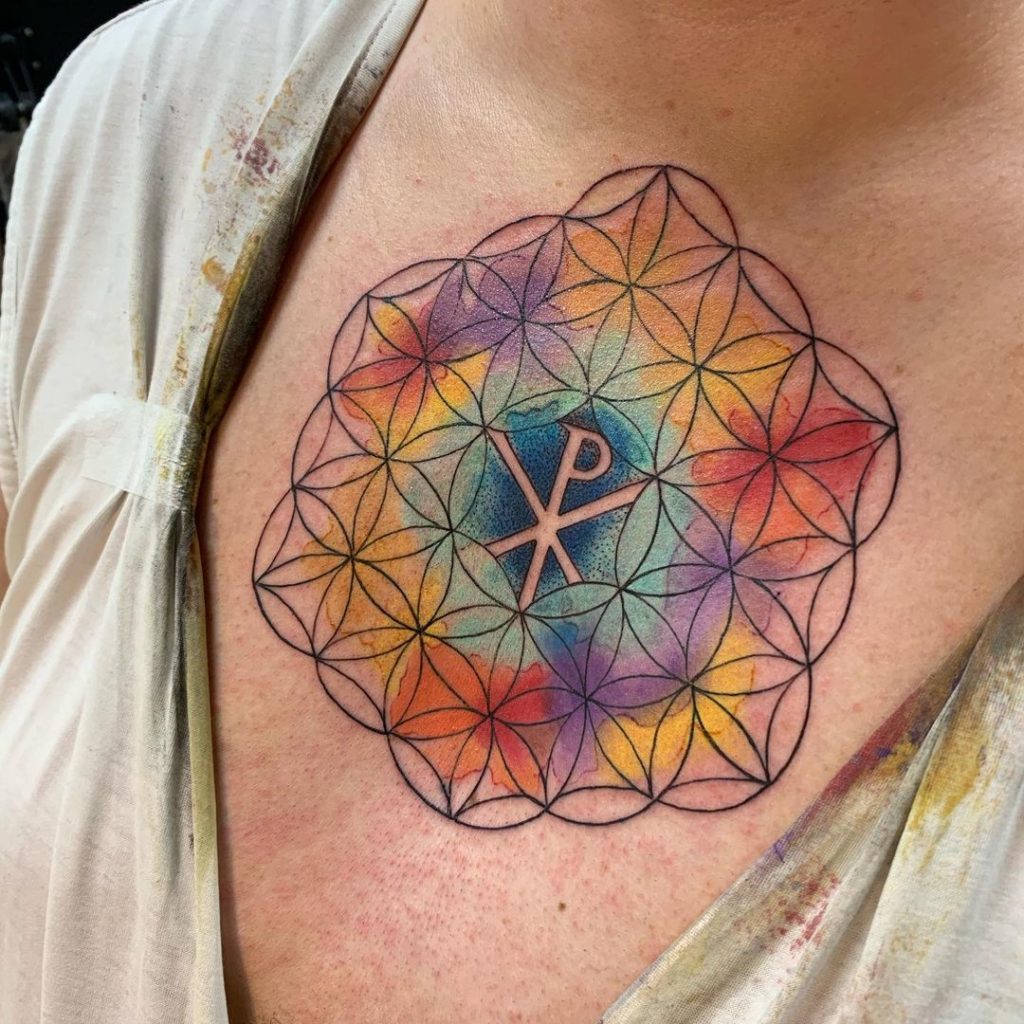 Abstract Chi Rho Tattoo On Sacred Flower Of Life