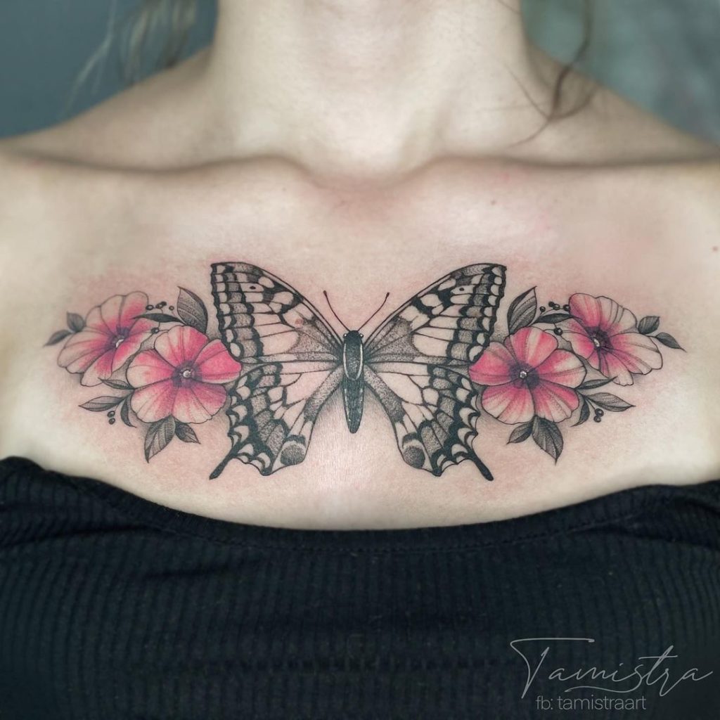 Awesome Flower Chest Tattoo With A Butterfly