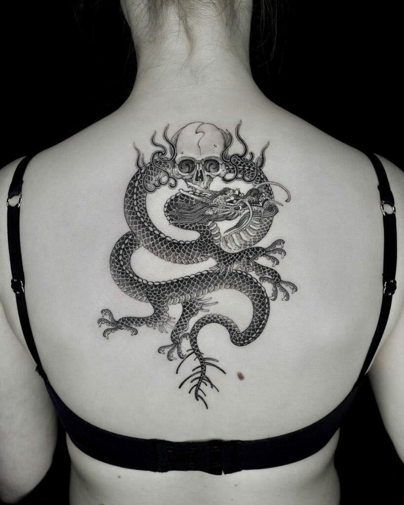 Badass Chinese Dragon Tattoo Back With A Skull For Men