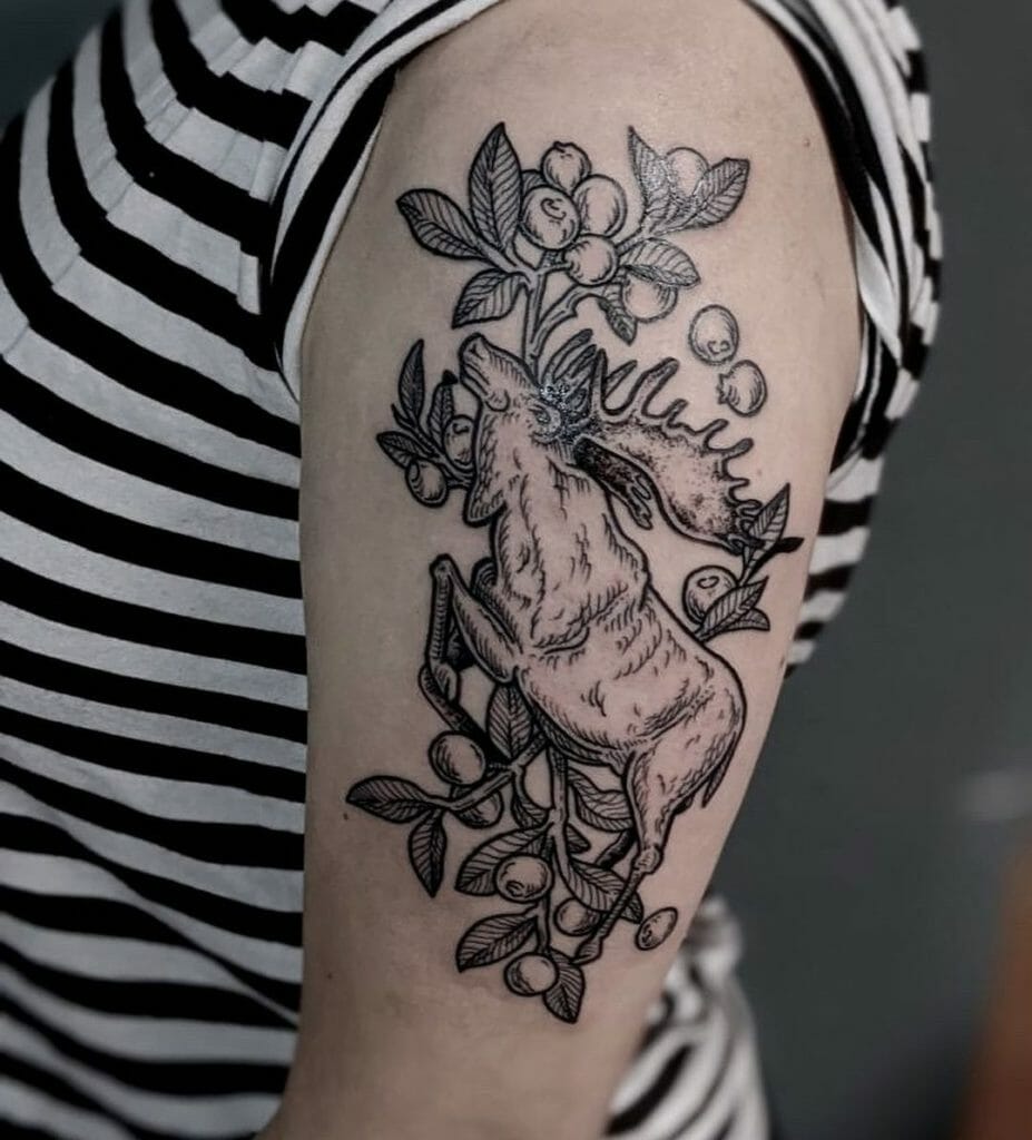Beautiful Elk Tattoo Design With Floral Motifs
