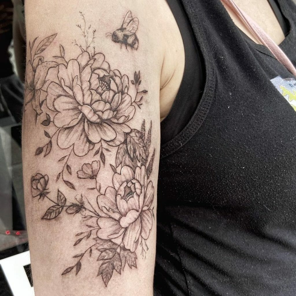 Bee And Flower Sleeve Tattoo