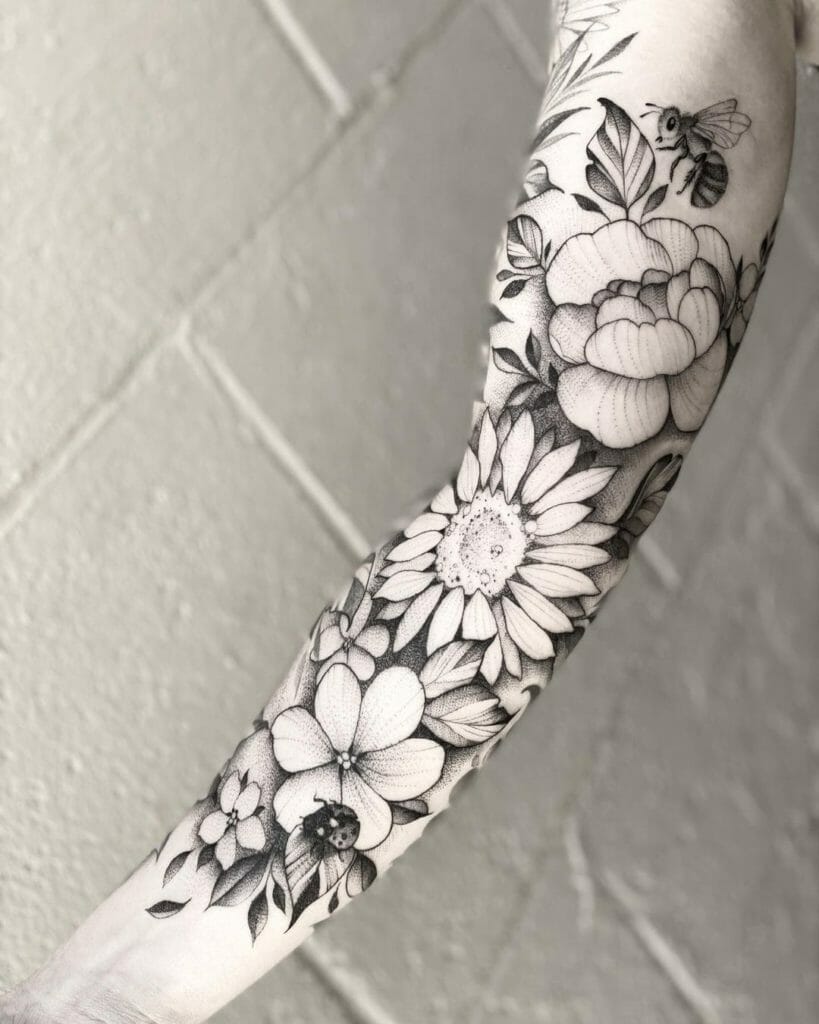 Bee Flower Sleeve Tattoo