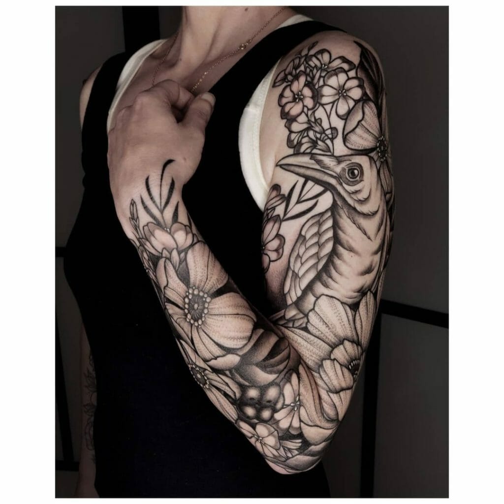 Bird And Flower Sleeve Tattoo