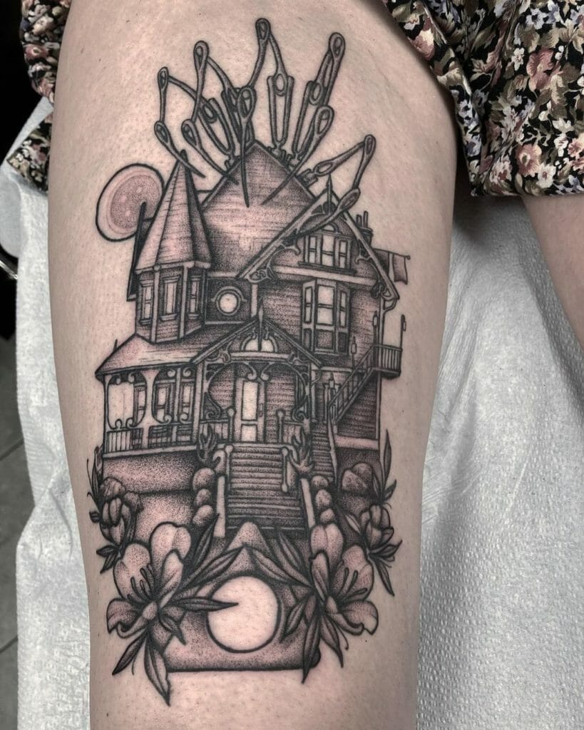 Black And Grey Coraline House Tattoo