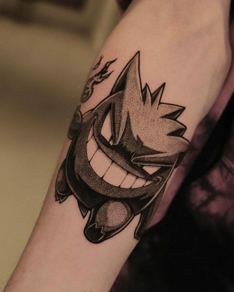 Black And White Gengar Tattoo With Malicious Grin