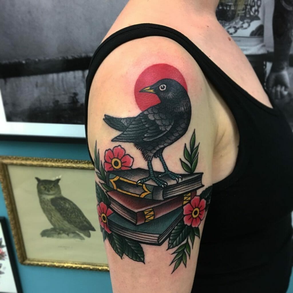 Black Bird And Books Tattoo