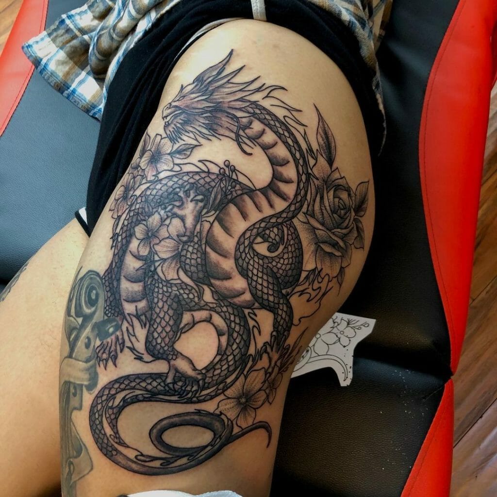 Black Dragon Thigh Tattoo