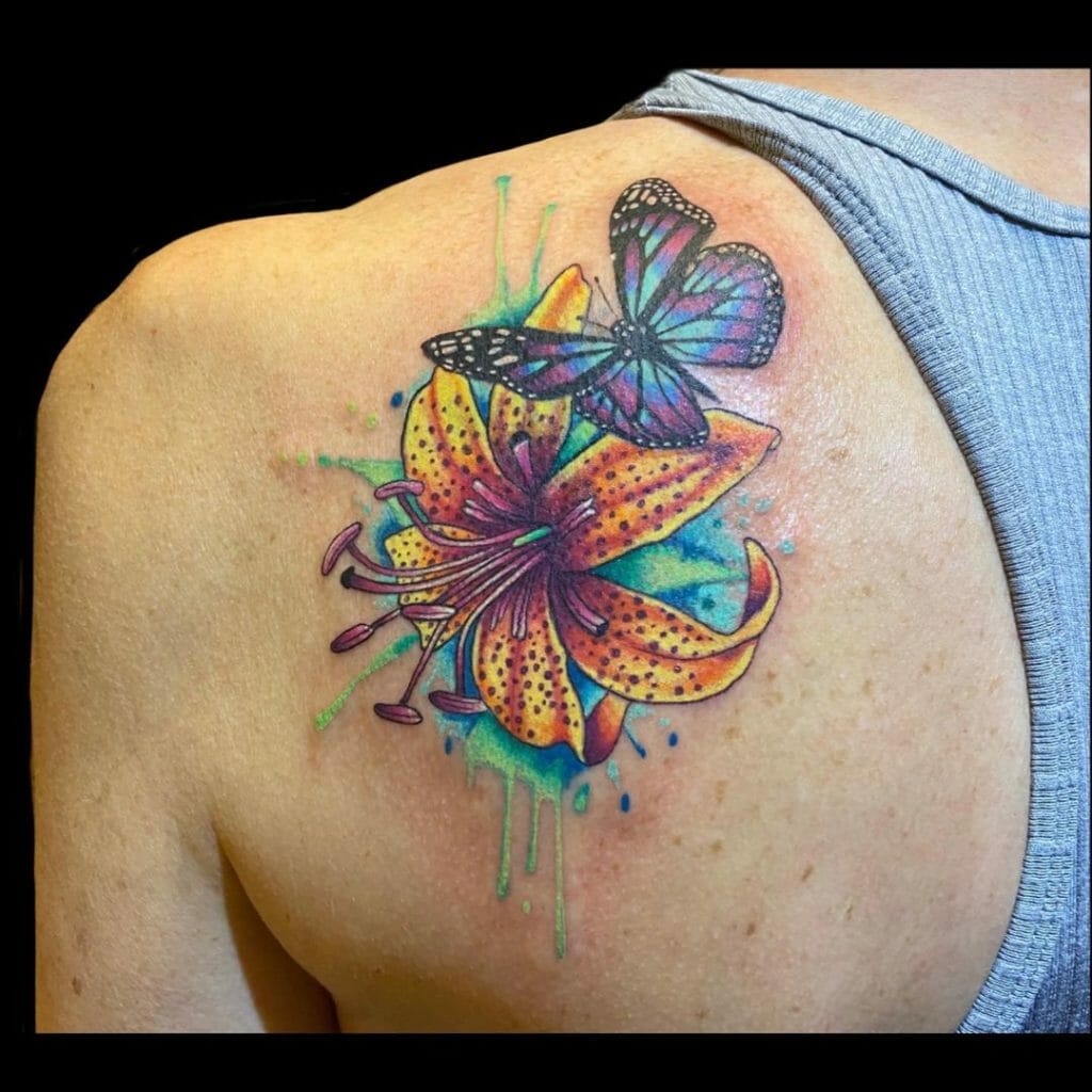 Butterfly And Flower Shoulder Tattoo