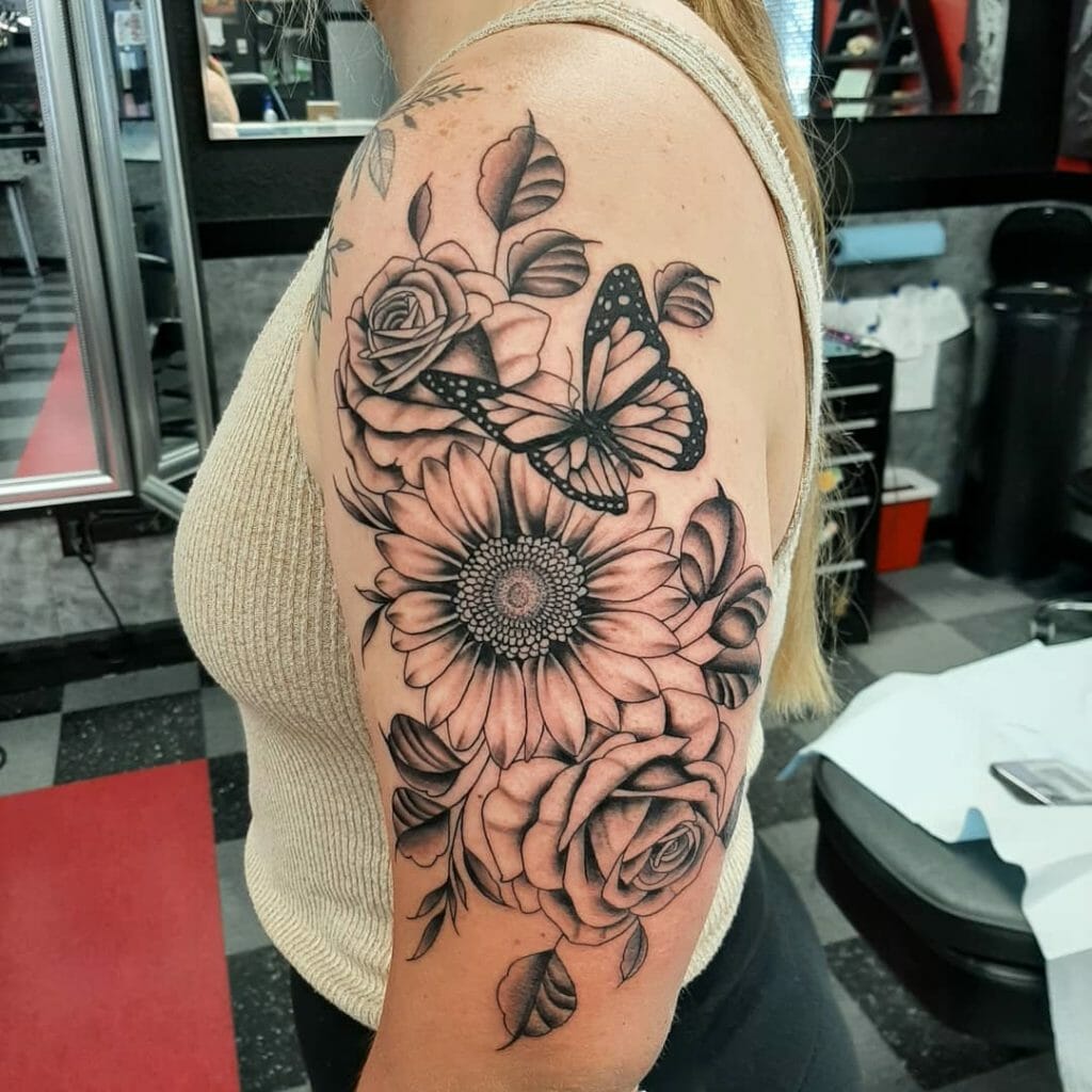 Butterfly And Flower Sleeve Tattoo