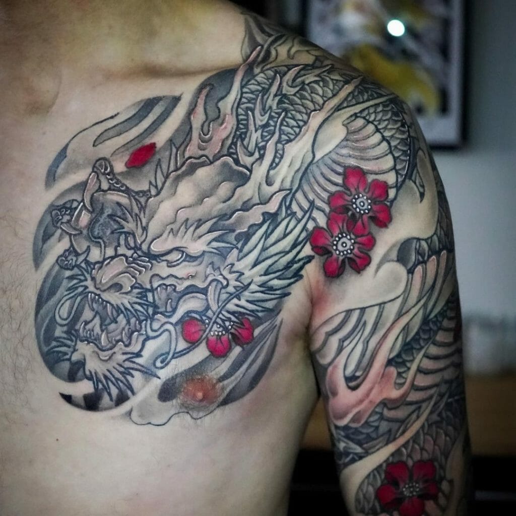 Chinese Dragon Tattoo With Red Flower Motifs