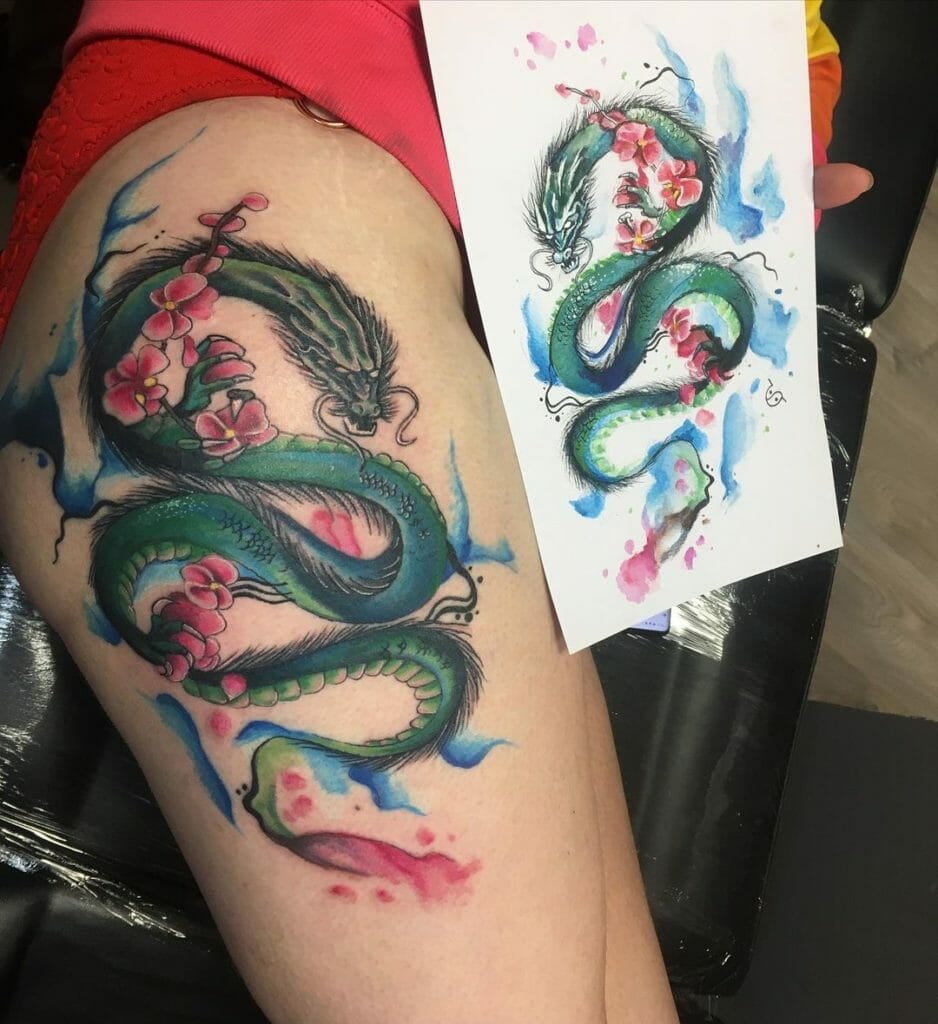 Colored Dragon Thigh Tattoo