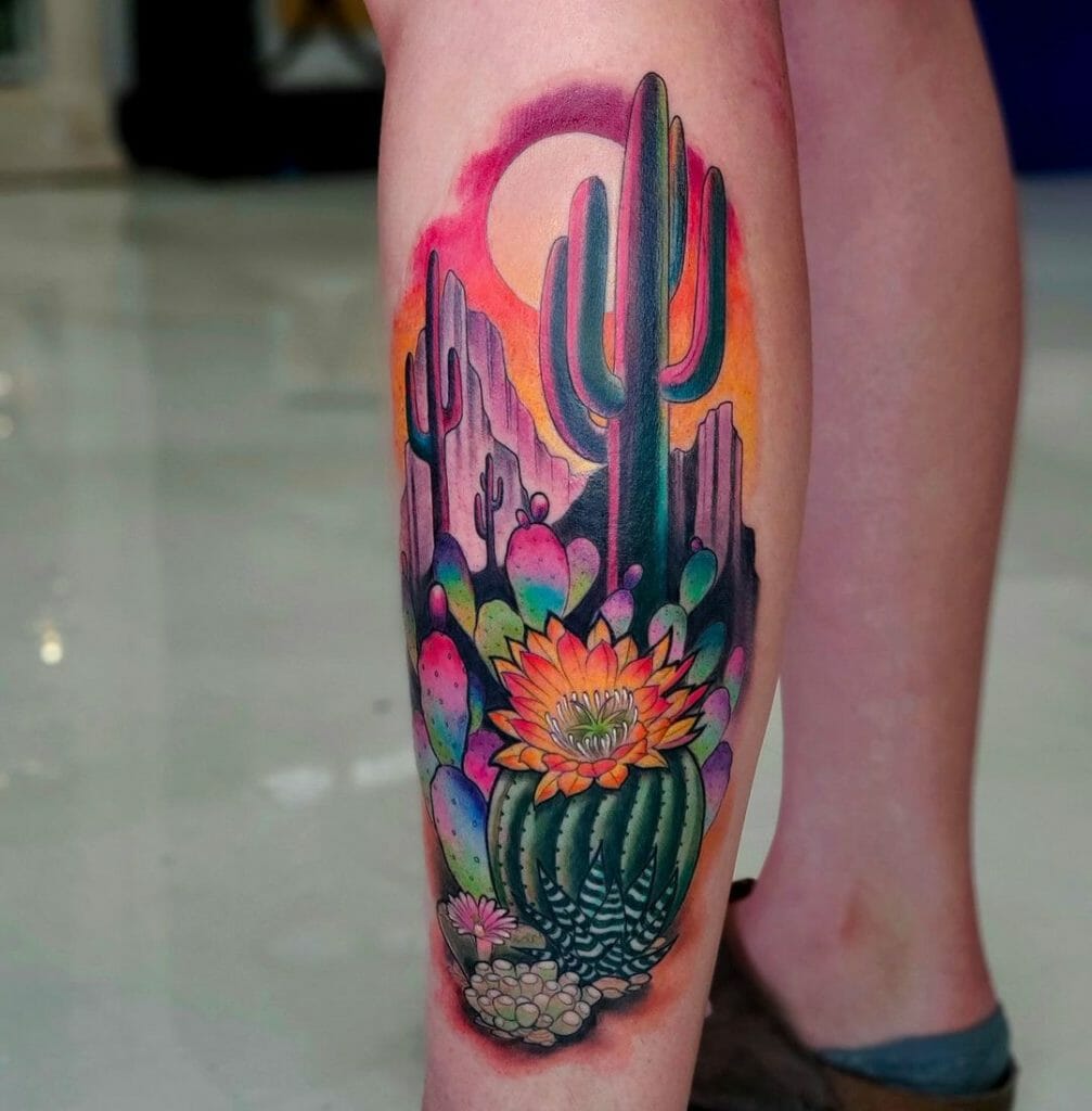 Colourful Cactus Tattoo Design For The Cheerful Souls