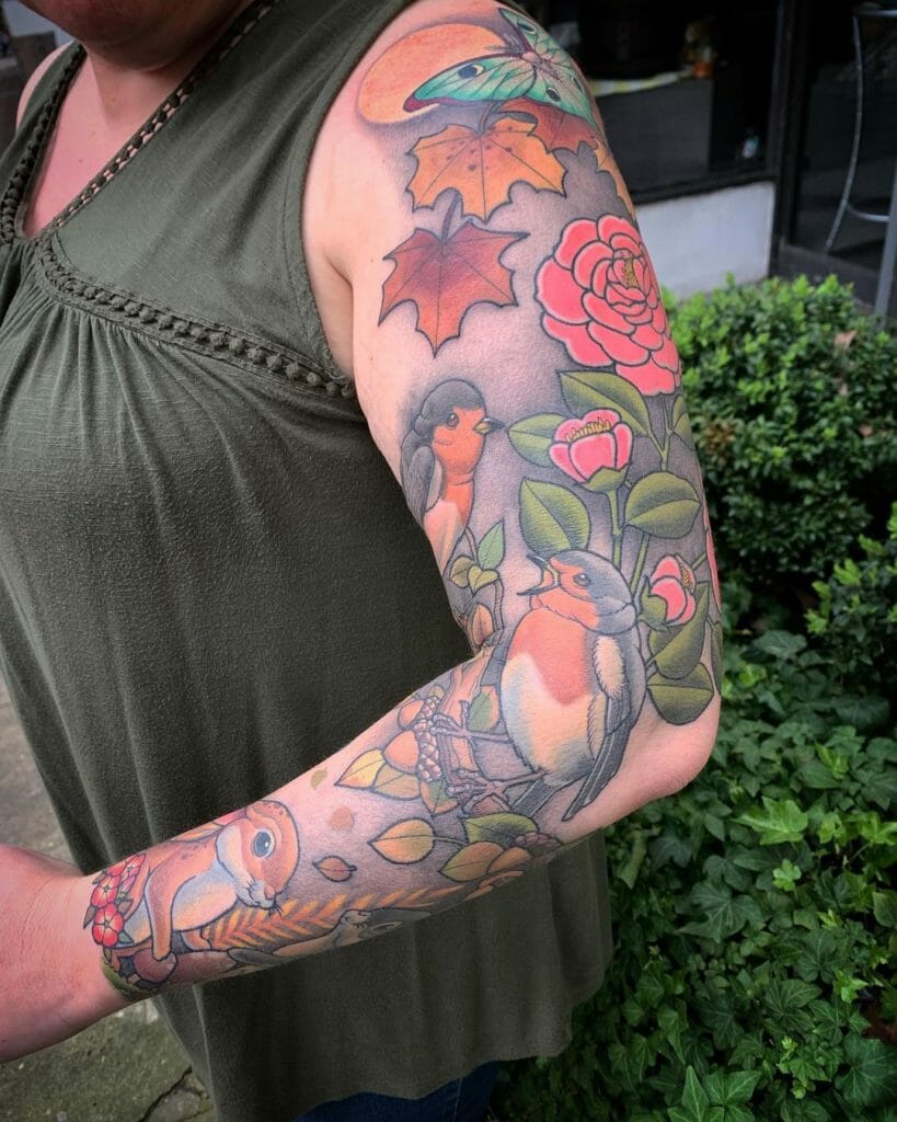 Colourful Forest Sleeve Tattoos with Floral Elements