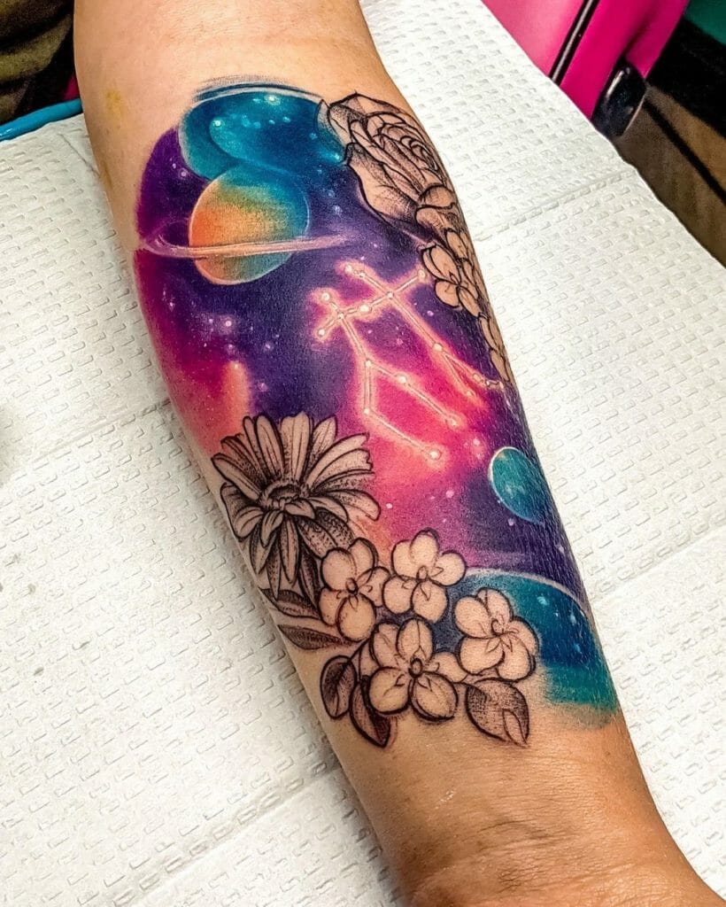 Colourful Gemini Constellation Tattoo Idea For Men And Women