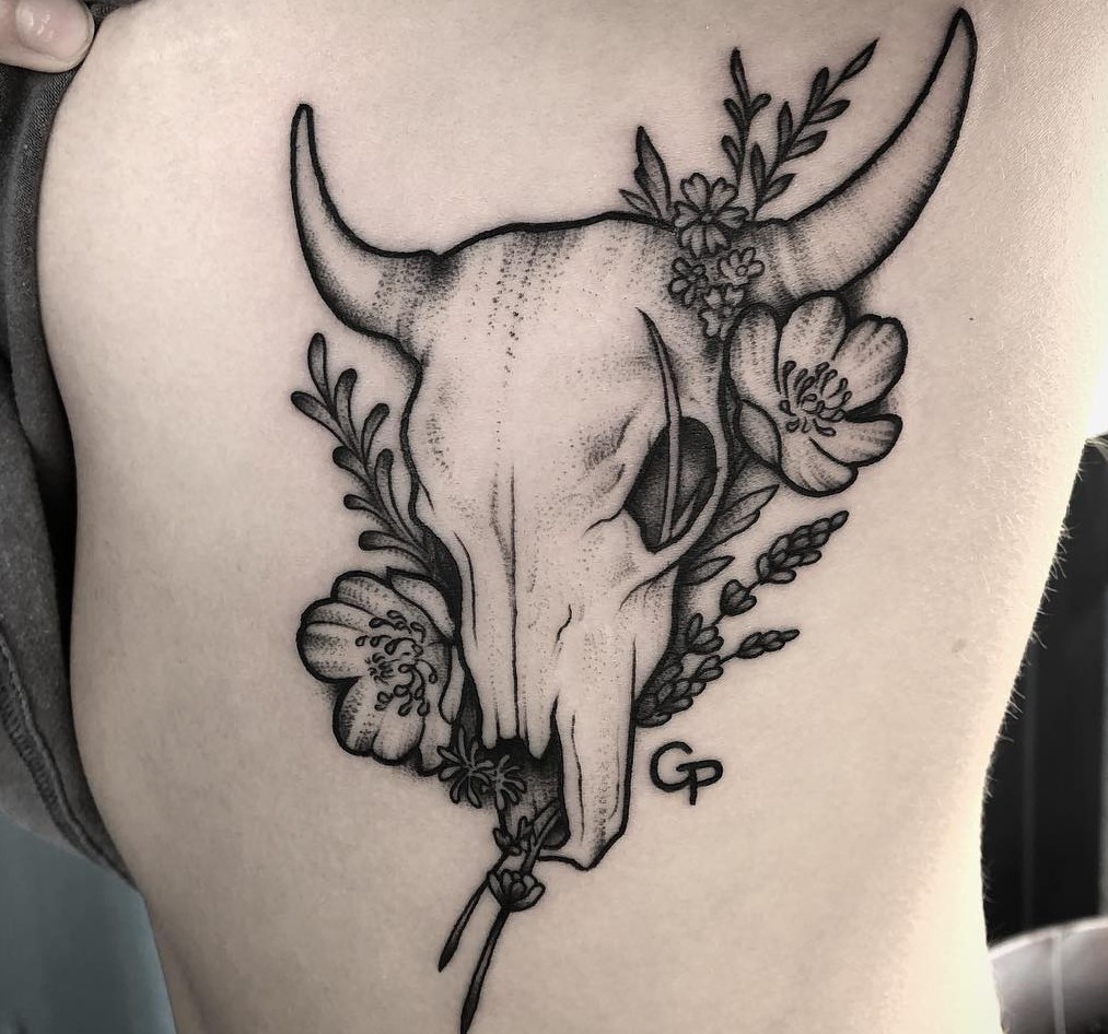 Tattoo uploaded by rustyhst  Instagram rustyhst Small bull skull with  flowers smalltattoo linework microtattoo bull floral flowers   Tattoodo