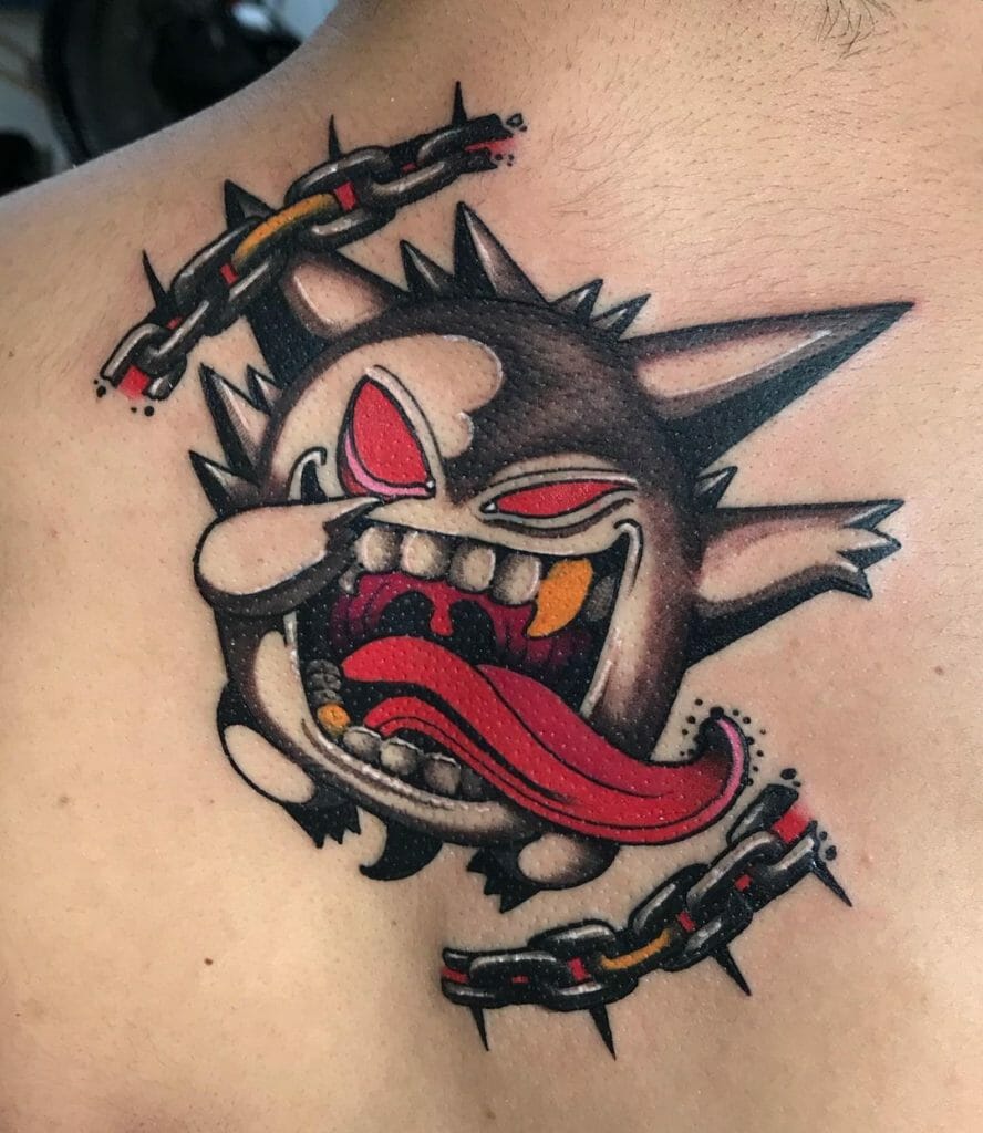 Crazy Gengar Tattoo With Thorny Chain Ideas