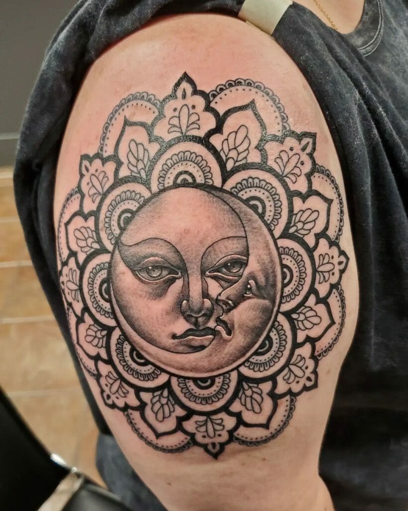 Crescent Moon and Sun Tattoo