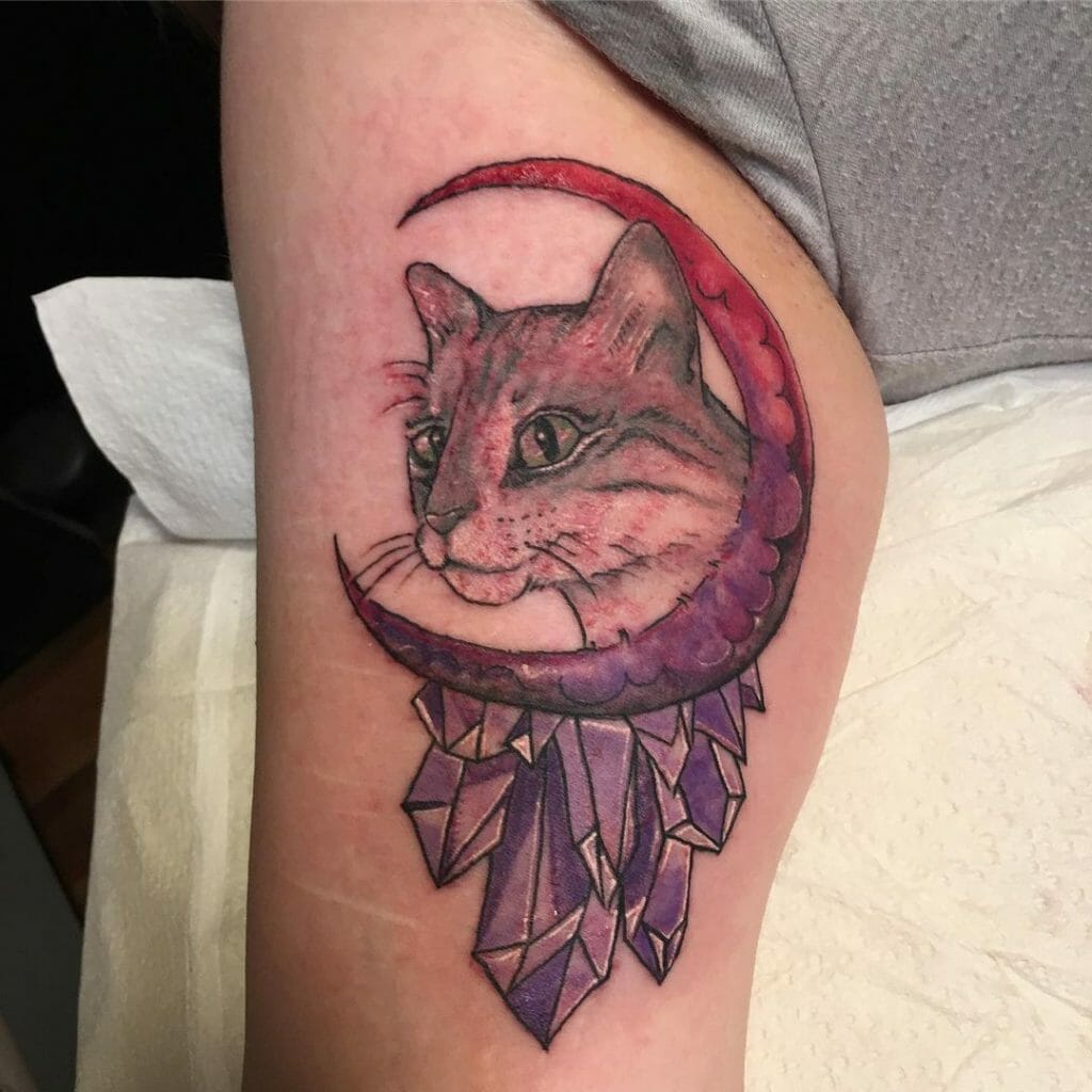 Crescent Moon with Cat Tattoo
