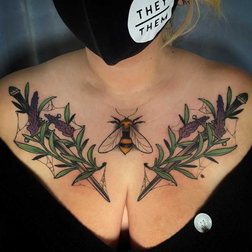 Cute Honey Bee With Lavender Chest Tattoo