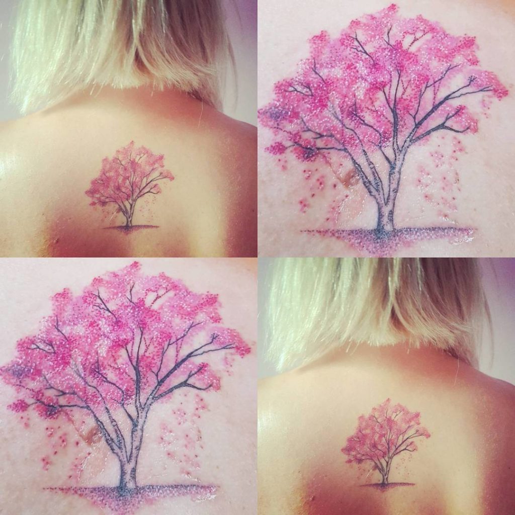 Delicate Japanese Cherry Blossom Tree Back Tattoo Idea For Women