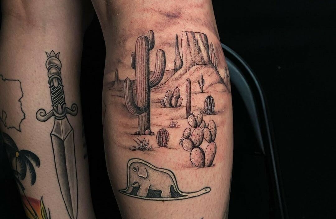 Tattoo uploaded by Tattoodo  Desert tattoo by borneospiraltattoo  borneospiraltattoo illustrative desert cactus sun mountain nature  landscapetattoo landscape  Tattoodo